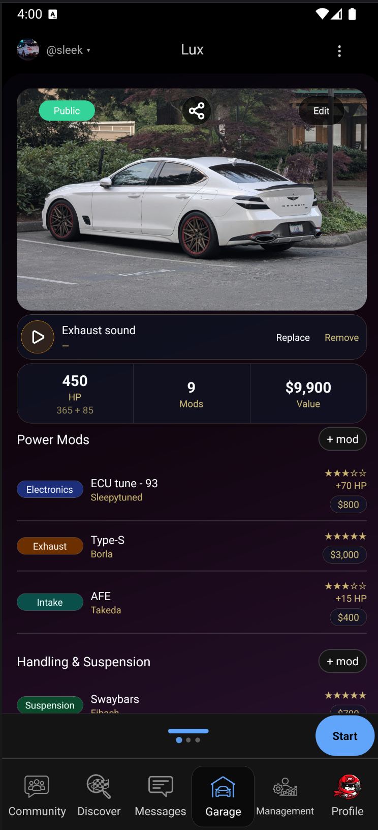 A Drivurs garage profile showing the vehicle photo, 450 horsepower, 9 mods, $9,900 of value, and the mod list grouped by category