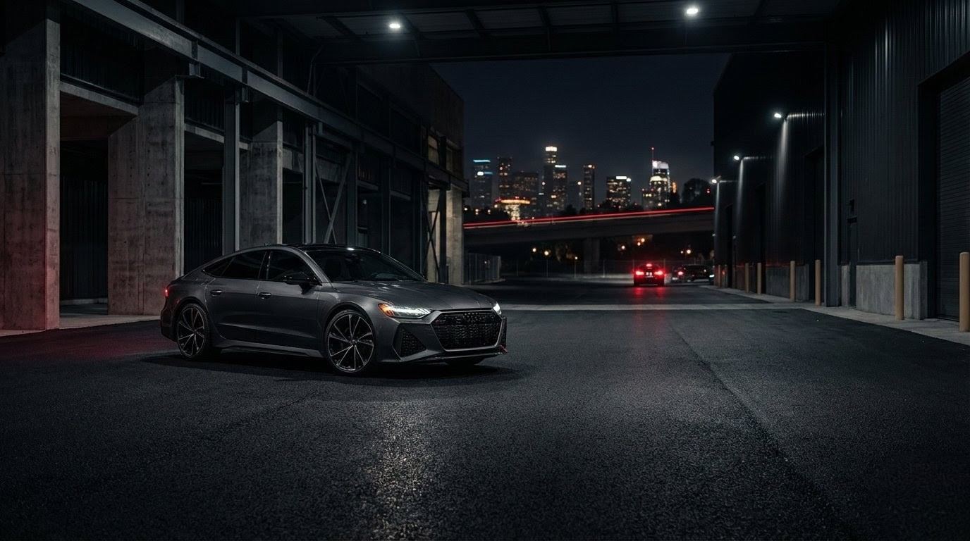 Performance sedan parked in an industrial district at night