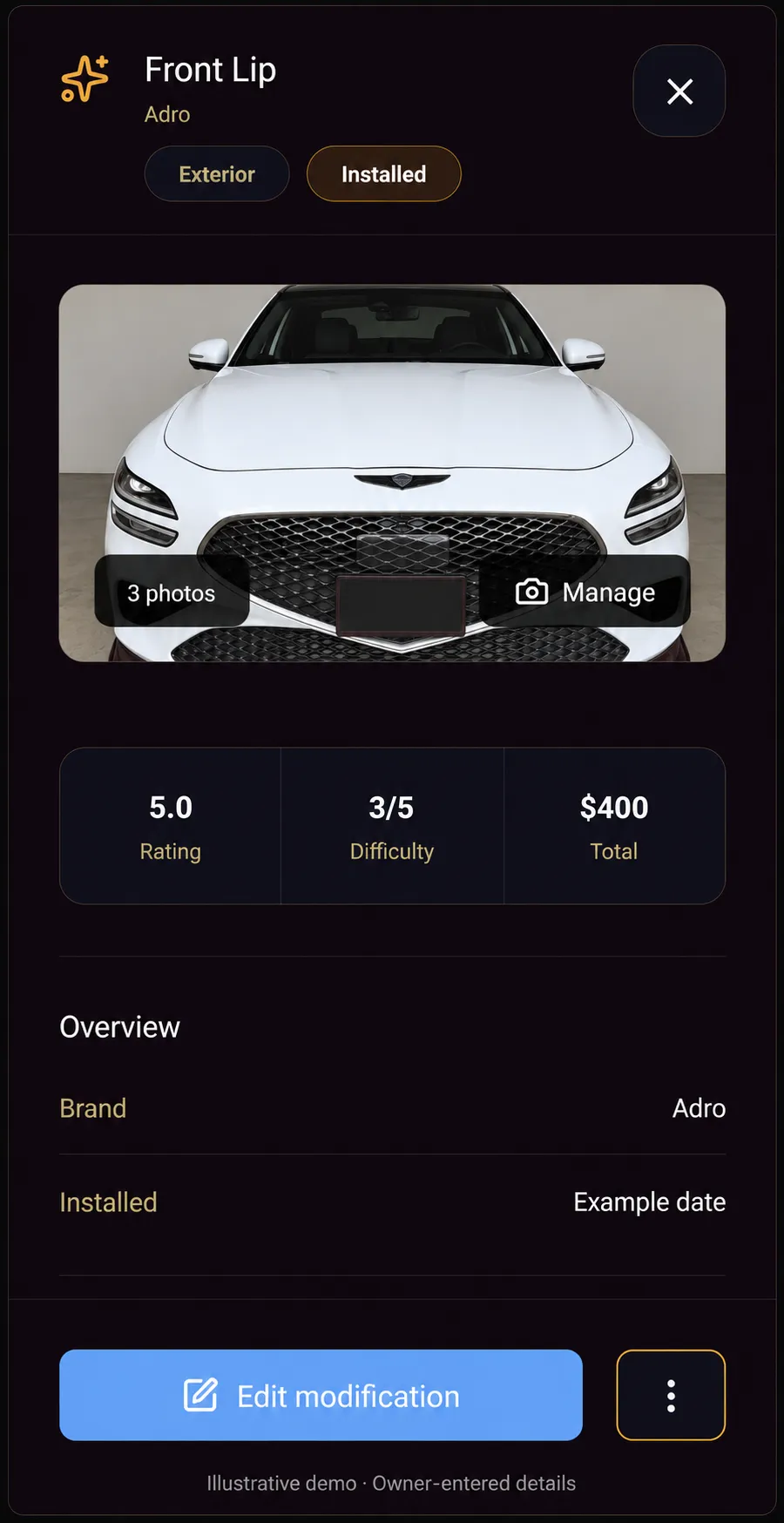 Example Adro front lip record with rating, installation difficulty, cost and a privacy-edited car photo
