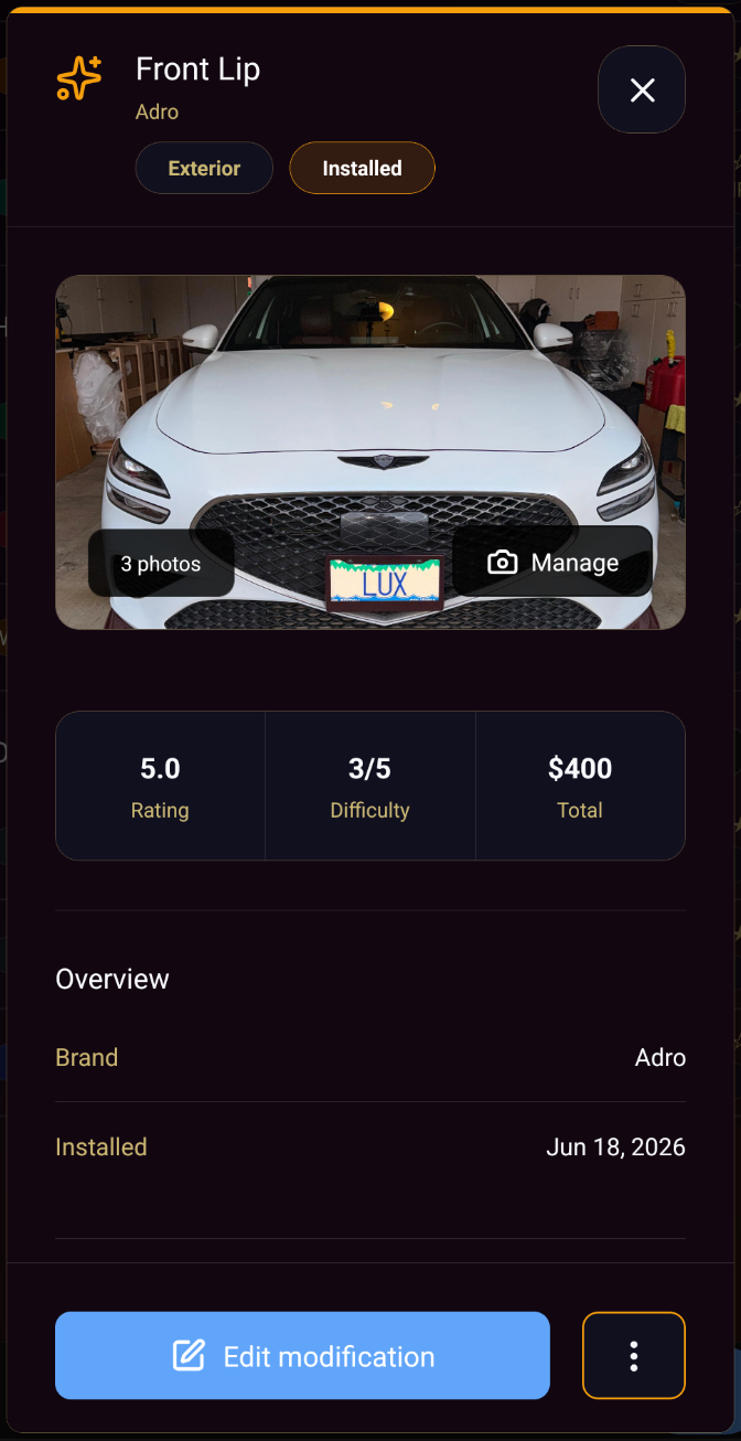 A Drivurs modification record for an Adro front lip showing its photos, rating, difficulty, cost, brand, and install date
