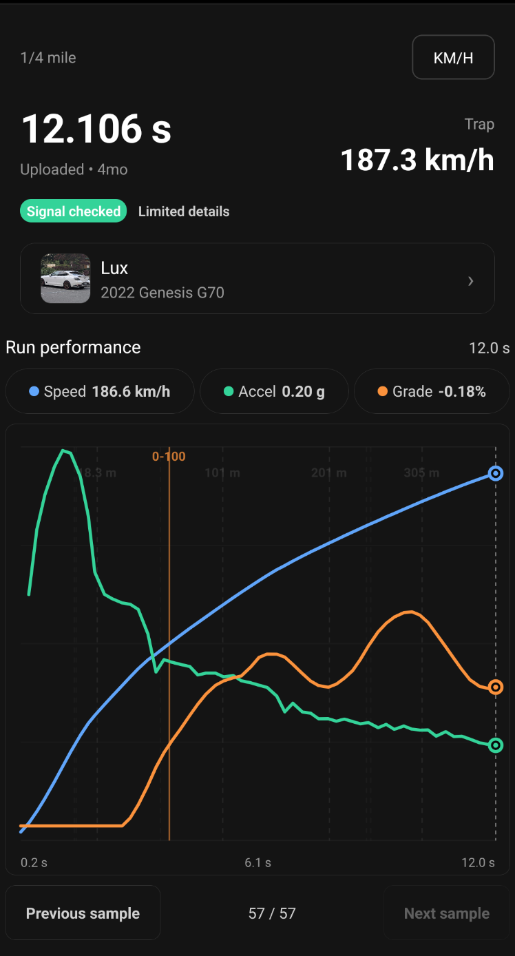 A Drivurs run session showing a quarter mile time, trap speed, and the speed, acceleration, and grade graph