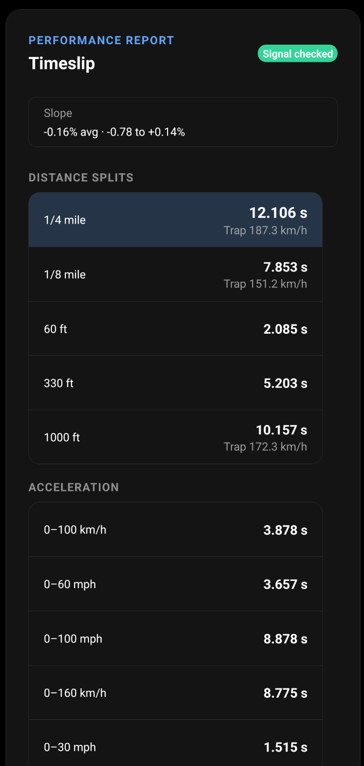 A Drivurs timeslip report listing quarter mile, eighth mile, 60 foot, 330 foot, and 1000 foot splits with acceleration times