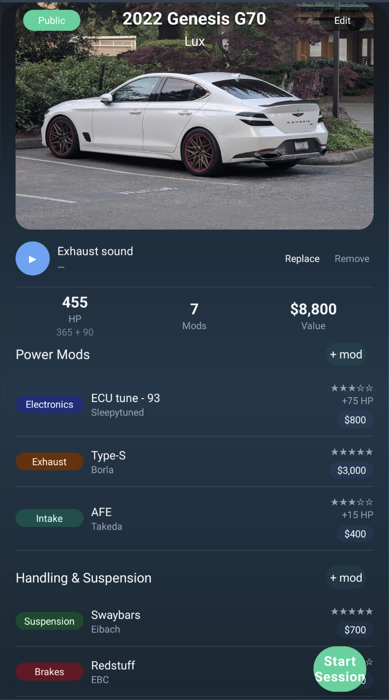 Drivurs Garage screenshot showing a vehicle, mod list, and build stats.